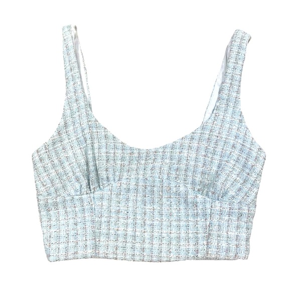 ZARA Tweed Textured Lined Crop Top Blue Subtle Silver Streaks NWT XS - Picture 1 of 7